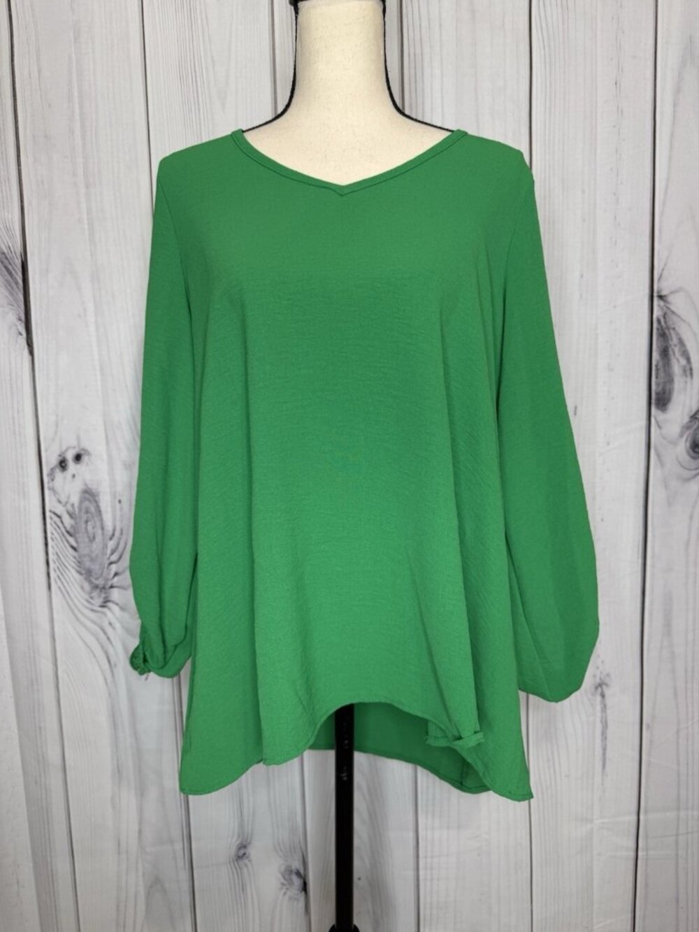 Cotton Bleu Long Sleeve Blouse Size M Bright Green Elastic Cuffs V-Neck